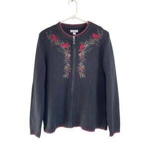 Croft & Barrow silk blend black cardigan sweater full zip embroidered cardinal M